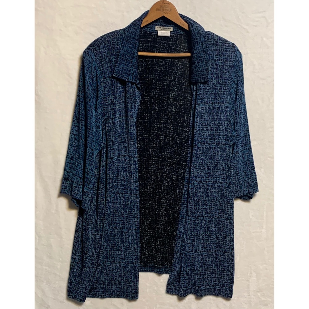 VE VE COLLECTION BY VIKKI VI‎ Womens 1X Blue Abstract Print Slinky Knit Cardigan